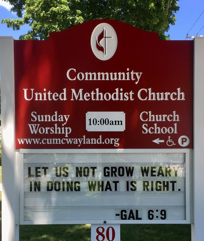 Community United Methodist Church sign in Wayland