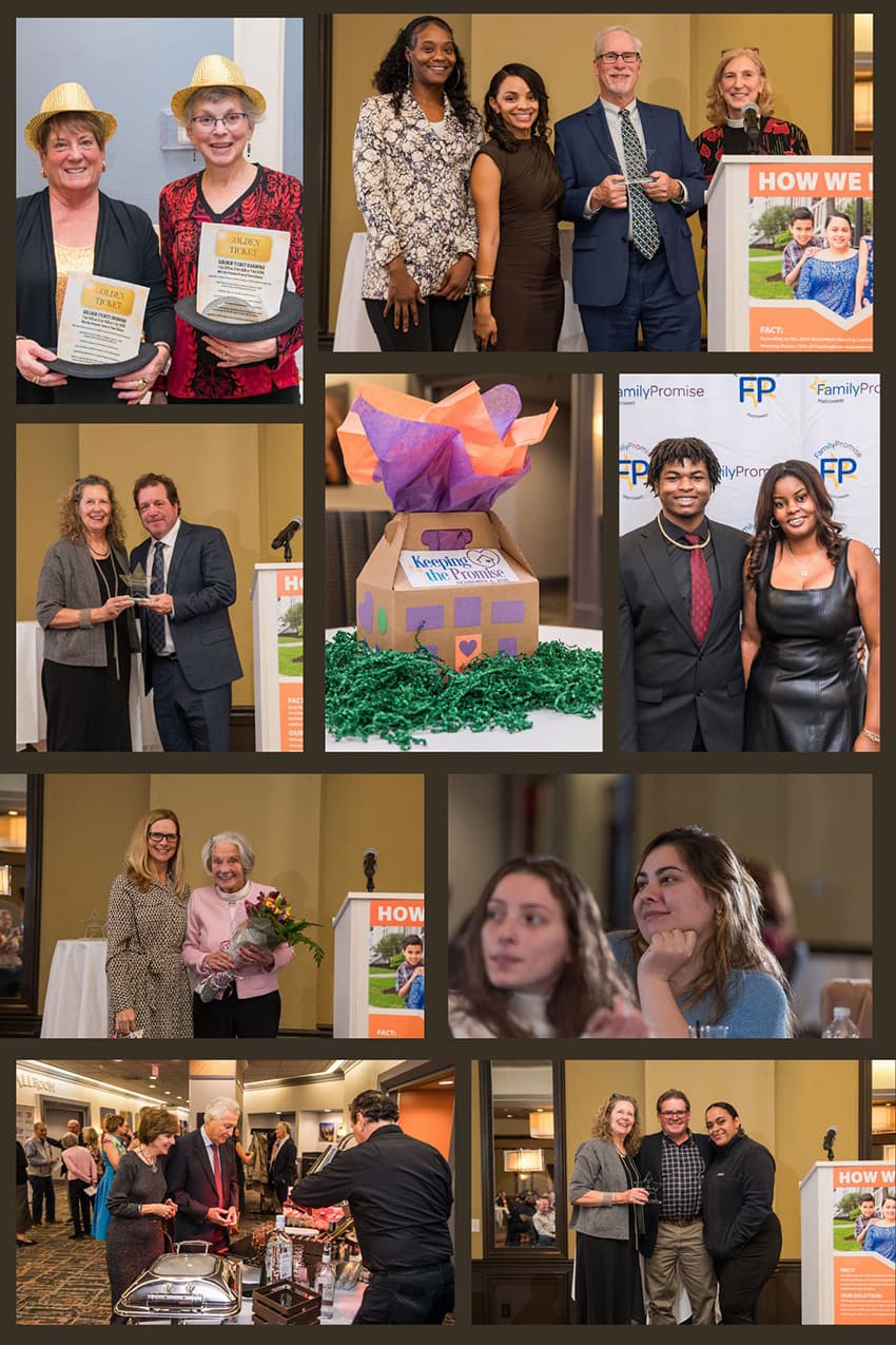Collage of event photos showing attendees, award presentations, and a decorated gift box centerpiece